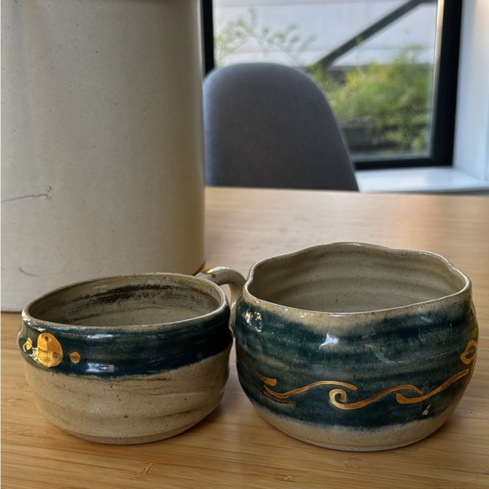 Handcrafted Ceramic Mug and Wavy Bowl with Gold Accents